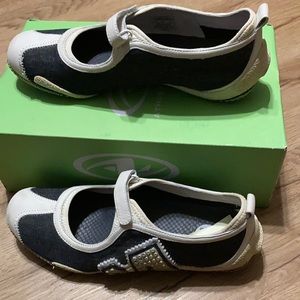 White & blue denim colored Merrell performance wear comfort shoe